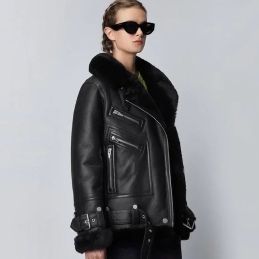 The Arrivals Moya III Oversized Leather & Shearling Moto Jacket XXS